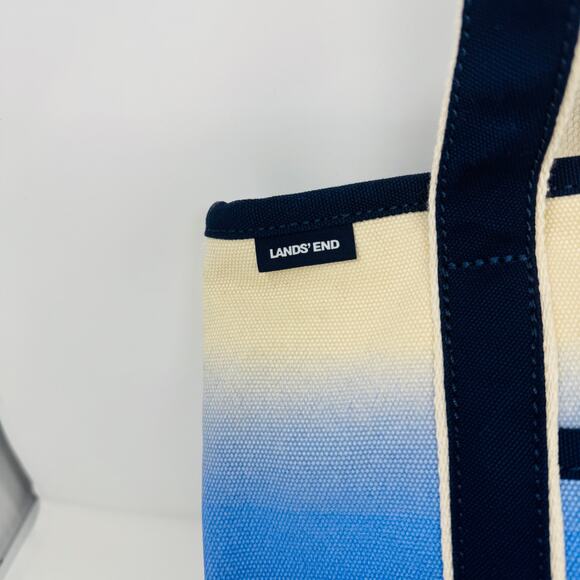 Land’s End Canvas Cream Navy Blue Ombre Tote Bag Shoulder Handles - Picture 3 of 8